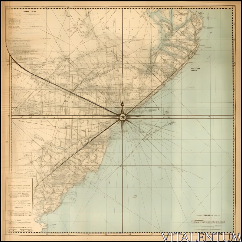 AI ART Vintage Coastal Chart with Compass Rose