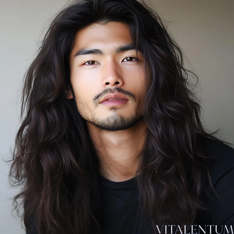 Serene Man with Long Wavy Hair AI Image