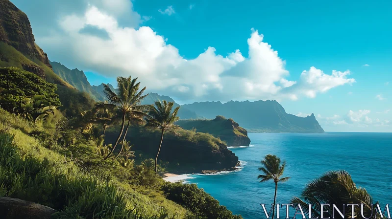 Tropical Paradise with Lush Greenery and Crystal-clear Ocean AI Image