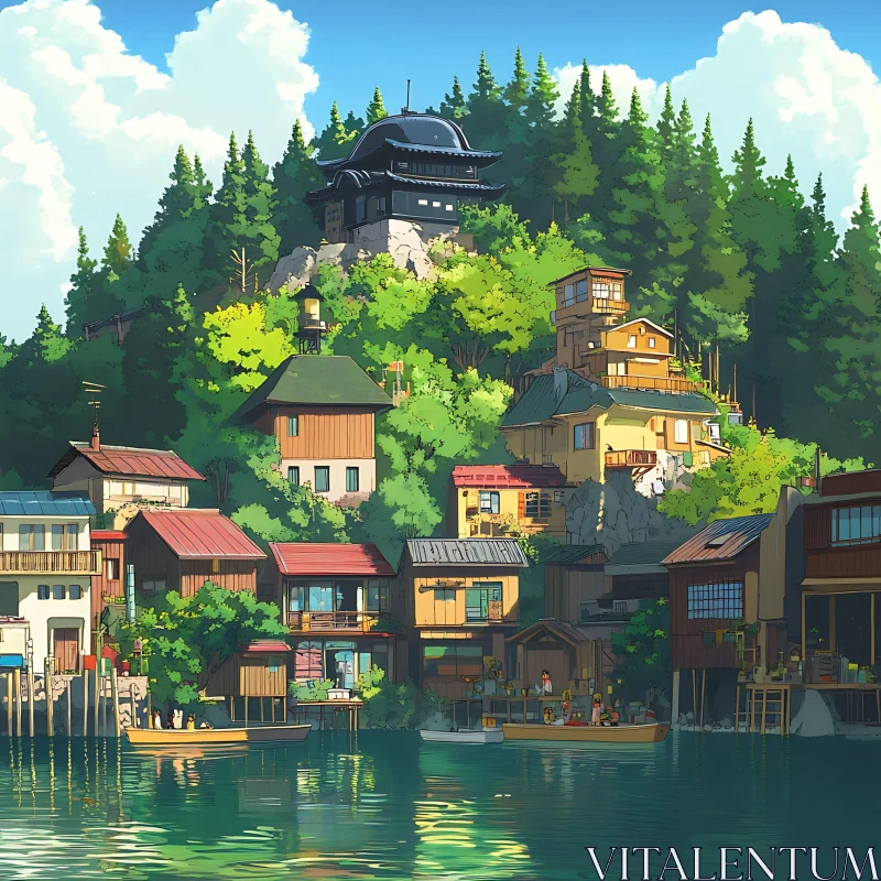 Idyllic Lakeside Village in the Forest AI Image