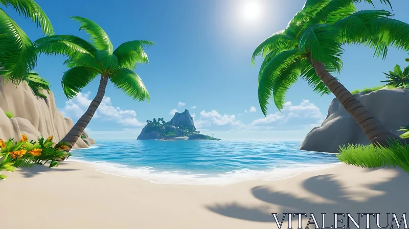 Scenic Tropical Beach with Distant Island AI Image