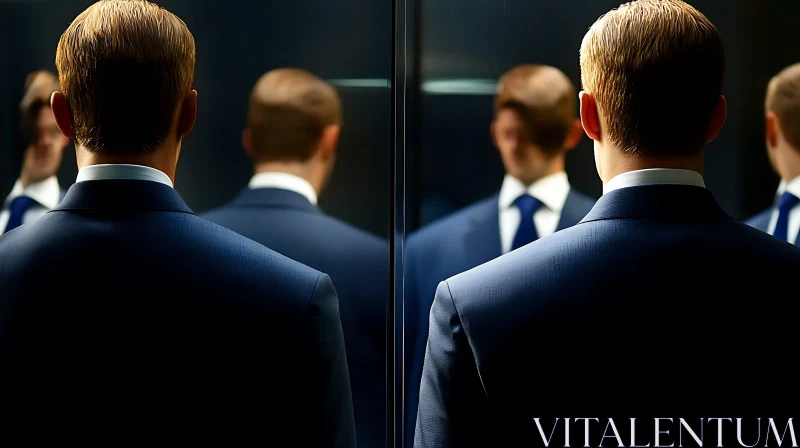 Man in Formal Attire Observing Reflections AI Image