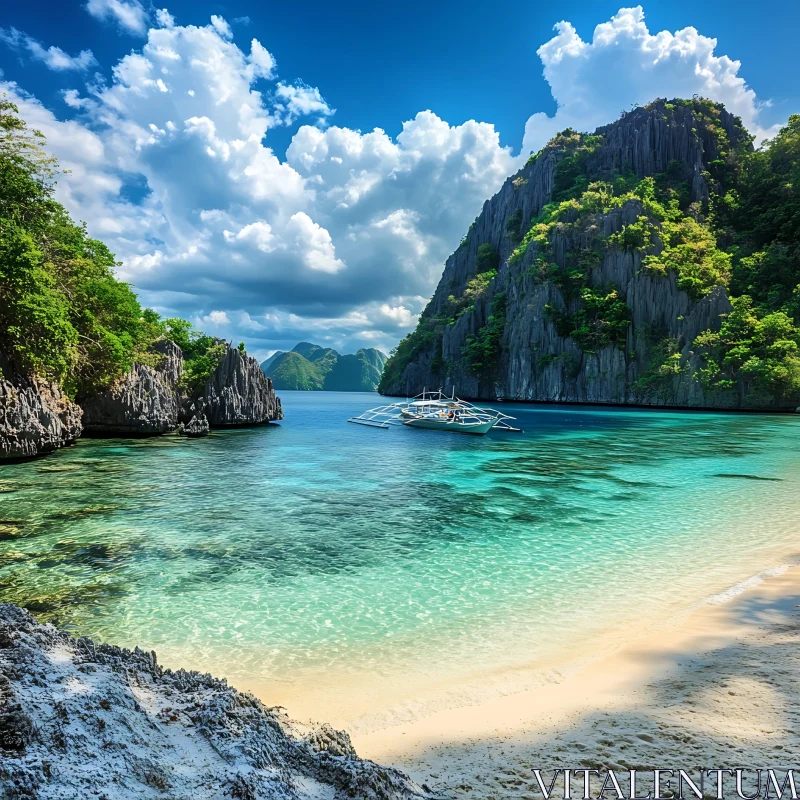 AI ART Serene Beach with Cliffs and Boat