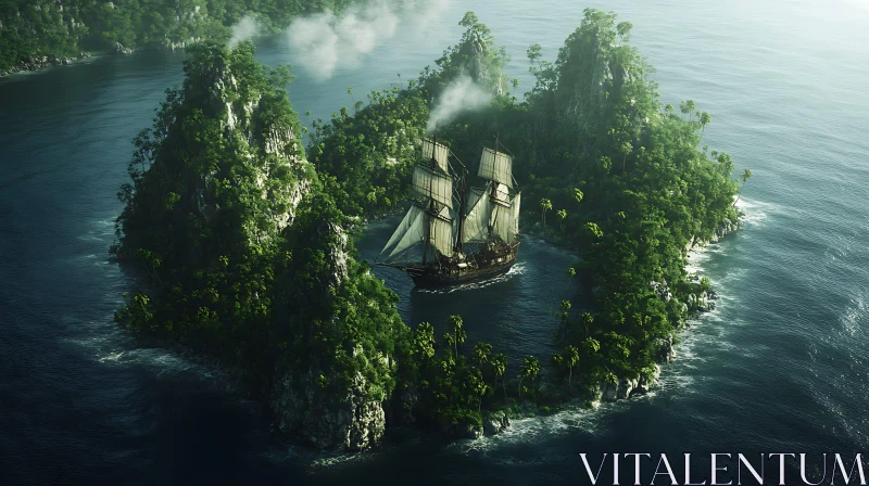 Tropical Island Escape with Historic Ship AI Image