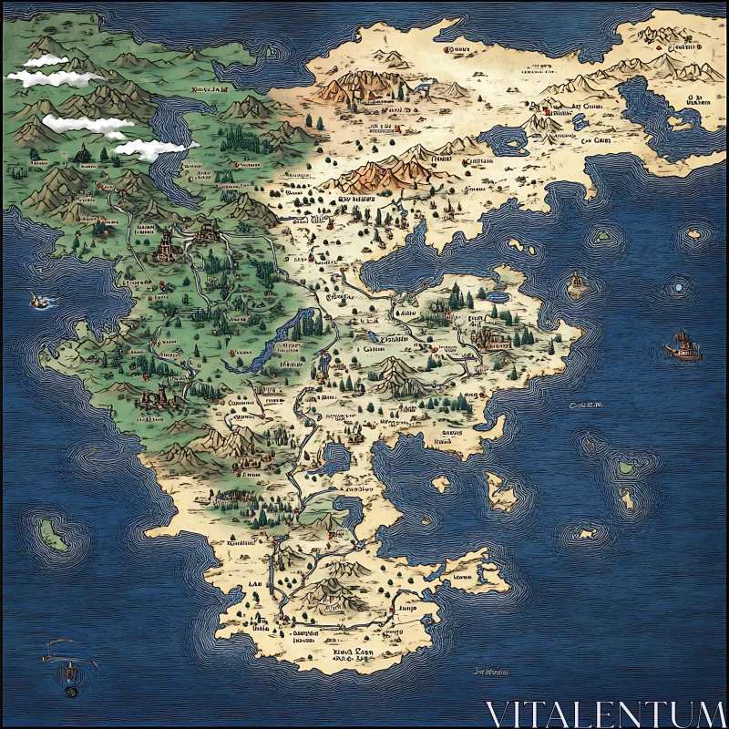 Illustrated Fantasy Land Map AI Image