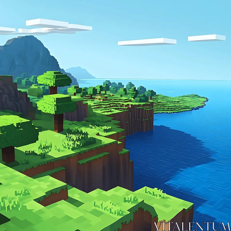 Blocky Terrain and Coastal Scene with Vivid Colors AI Image