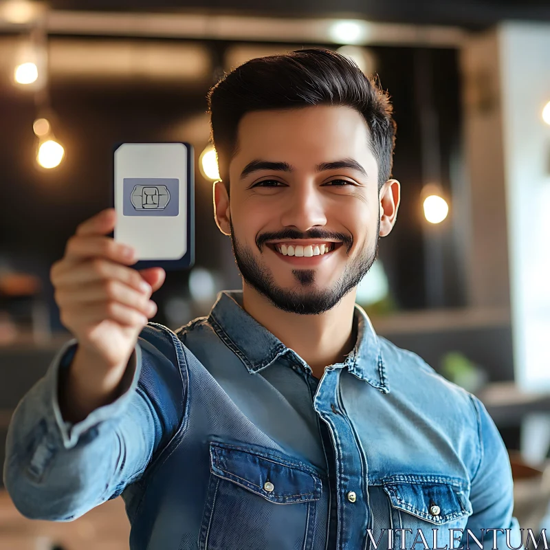 Smiling Man Displaying a SIM Card AI Image