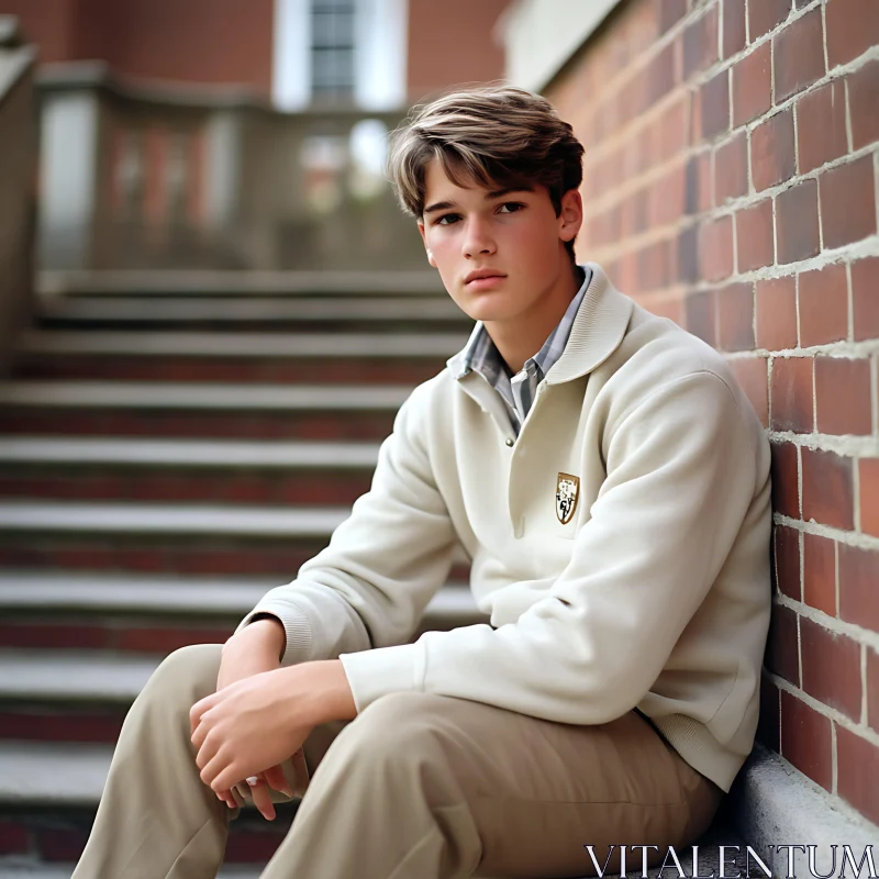 Man Sitting on Steps by Brick Wall AI Image