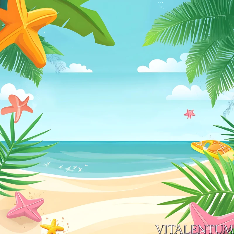 Tropical Beach with Azure Ocean and Palm Trees AI Image