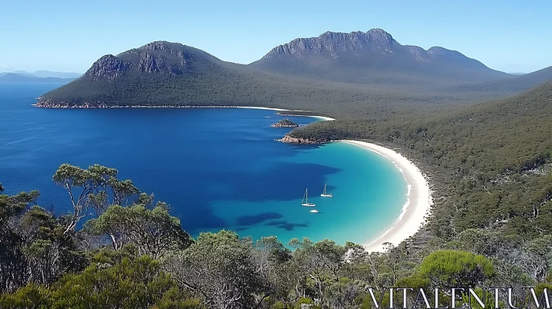 Serene Bay with Sailboats and Mountains AI Image