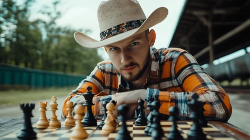 Thoughtful Cowboy in Chess Game Portrait