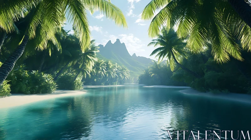 Serene Tropical Island Beach with Palm Trees AI Image