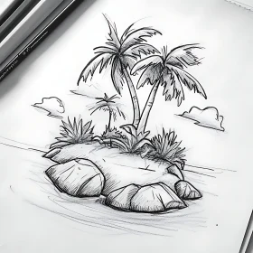 Palm Trees on a Rocky Island Drawing