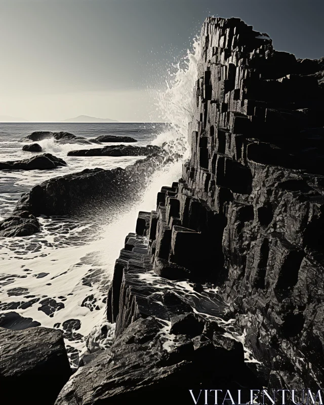 AI ART Ocean Waves Crash Against Basalt Rocks