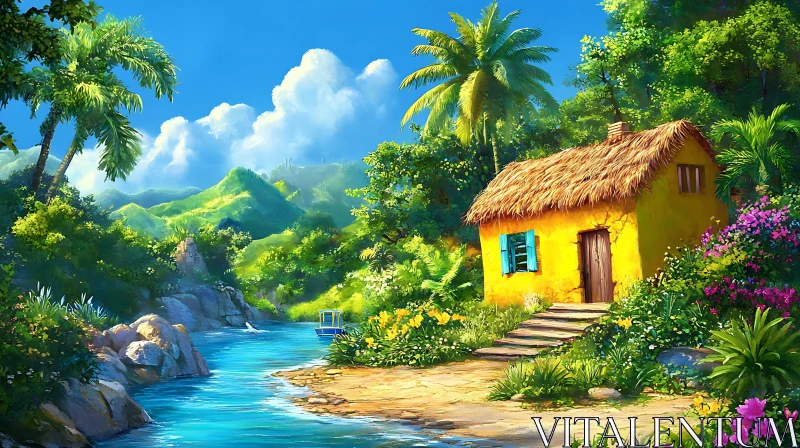 Tropical Paradise with Cottage and Stream AI Image