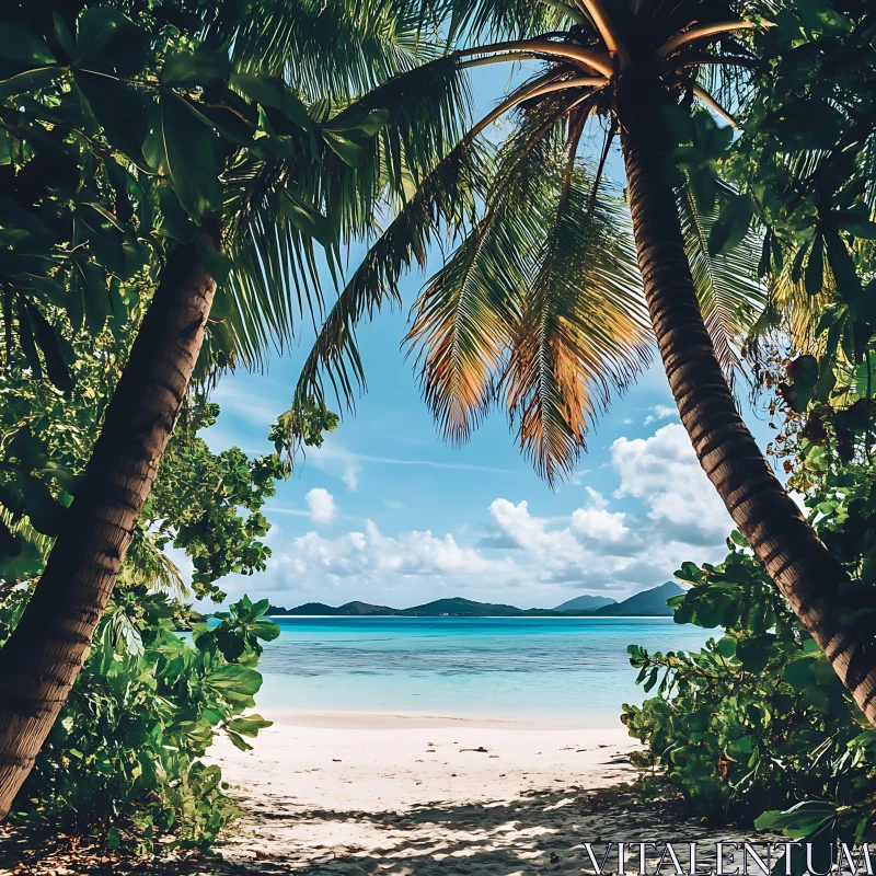 Idyllic Tropical Beach with Palm Trees and Clear Blue Water AI Image