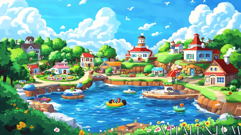 Anime Lakeside Village with Colorful Houses and Boats AI Image