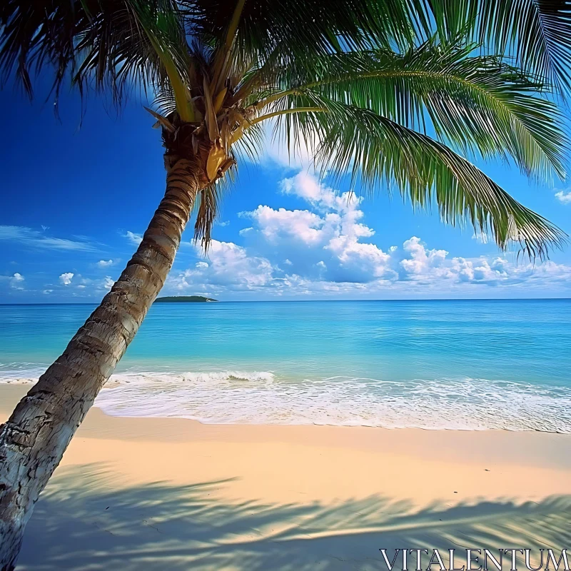 Serene Beachscape with Lush Palm Tree and Azure Ocean AI Image