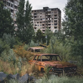 Rusted Cars and Buildings in Overgrown Urbanscape