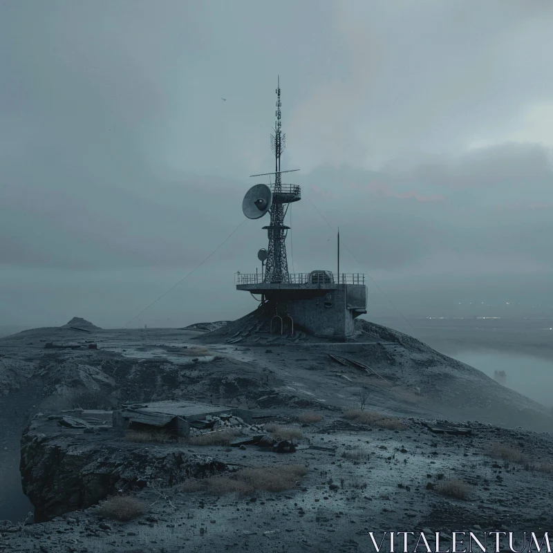 Desolate Antenna Amidst Fog and Rocky Terrain AI Image