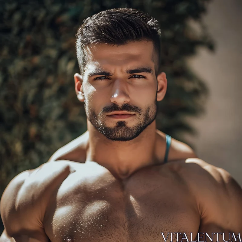 Focused Gaze of a Muscular Bearded Man AI Image