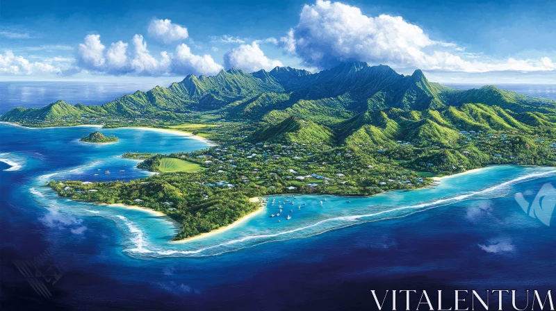 Breathtaking Island View with Lush Green Mountains and Blue Sea AI Image