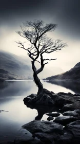 Silhouette of Solitary Tree by Calm Lake