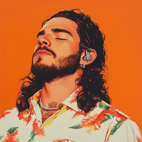 Man with Floral Shirt and Earpiece Against Orange Background