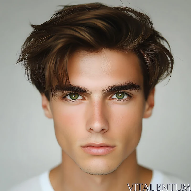 Young Man with Striking Green Eyes and Tousled Brown Hair AI Image