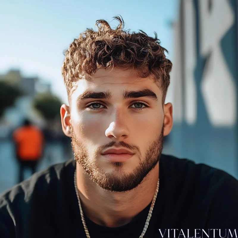 Outdoor Close-Up Shot of a Man with Intense Gaze AI Image