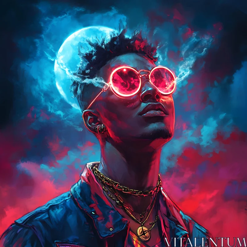 Neon Glasses and Moonlit Night Portrait AI Image