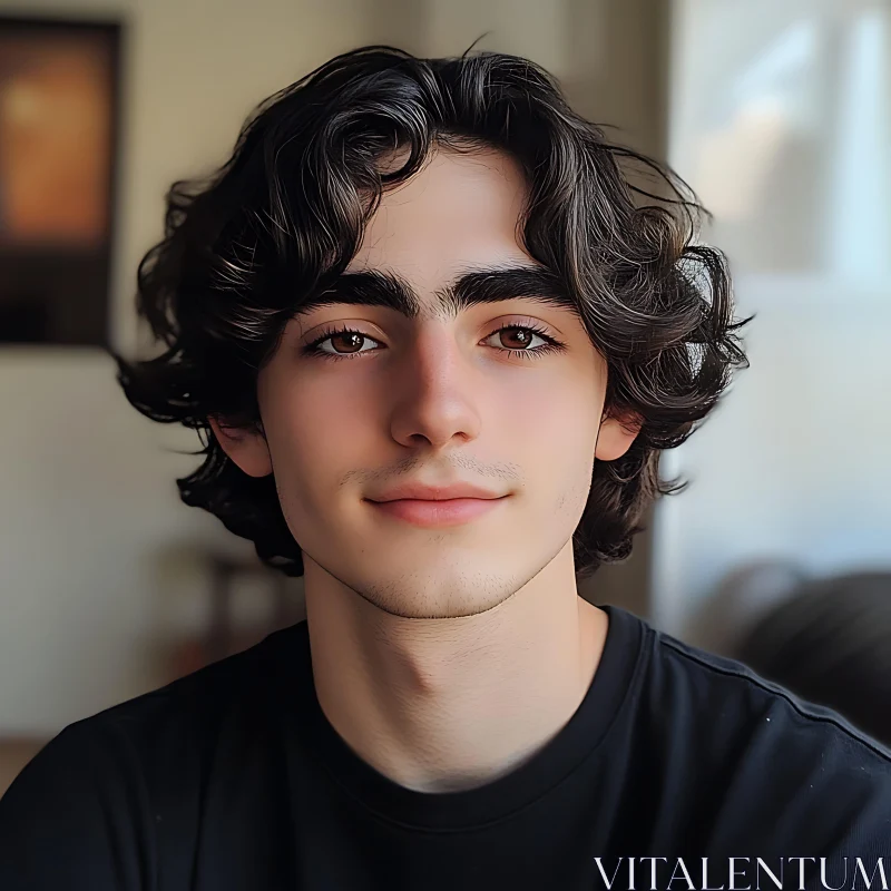 Young Man's Portrait with Wavy Hair in a Cozy Setting AI Image