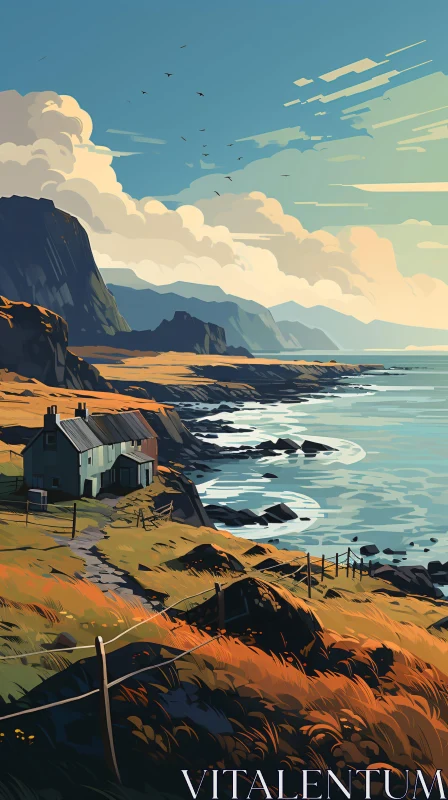 Tranquil Seaside Scene with House and Mountains AI Image