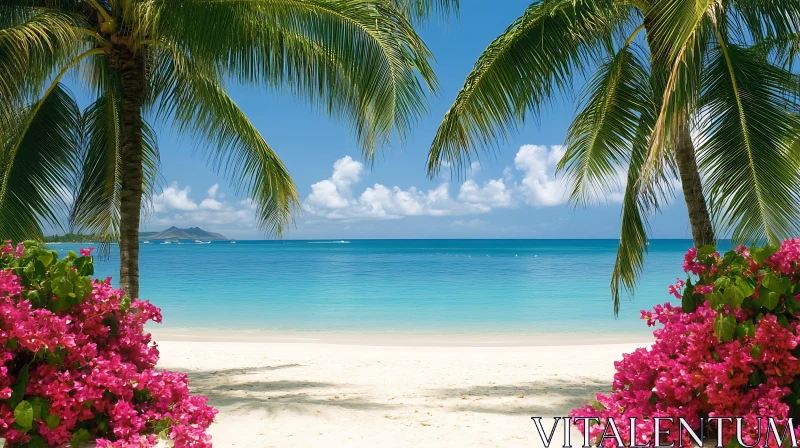 Pristine Tropical Beach With Palm Trees And Flowers AI Image