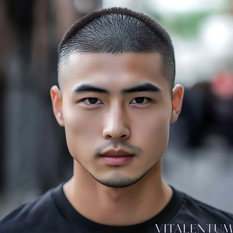 Focused Young Man Portrait with Blurred Urban Background AI Image