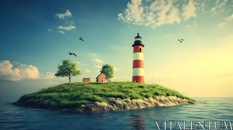 Serene Island with Lighthouse and Birds AI Image