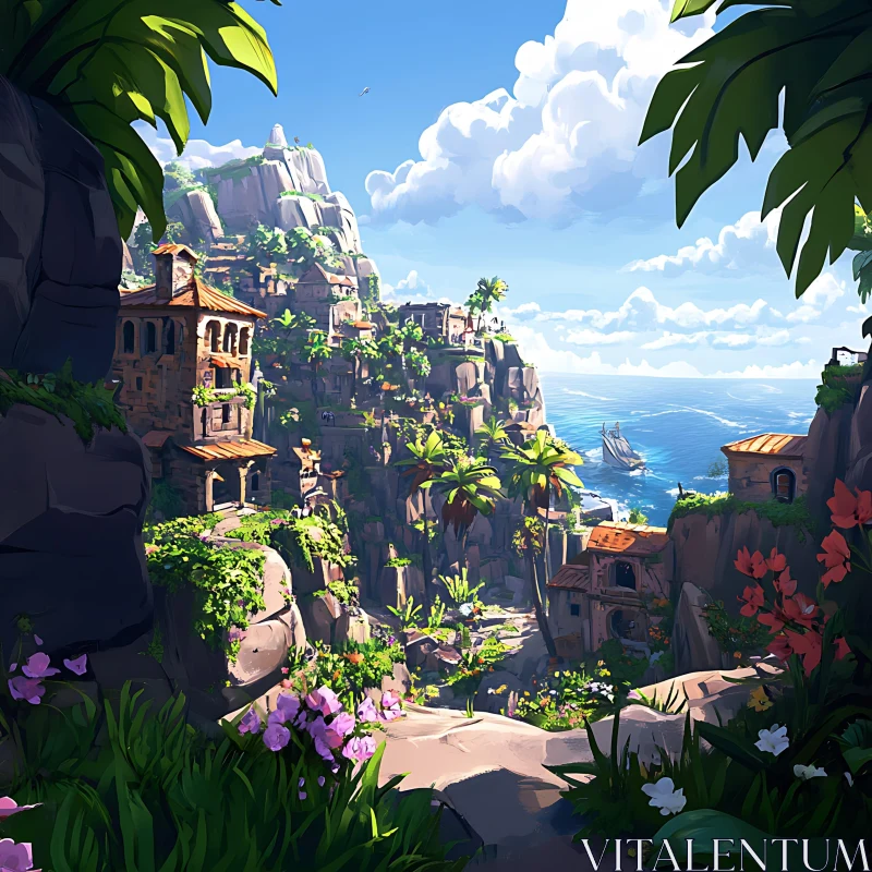 Charming Island Cliffside Scene AI Image