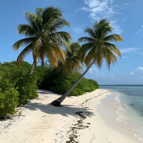 Peaceful Coastal Paradise with Leaning Palm Trees