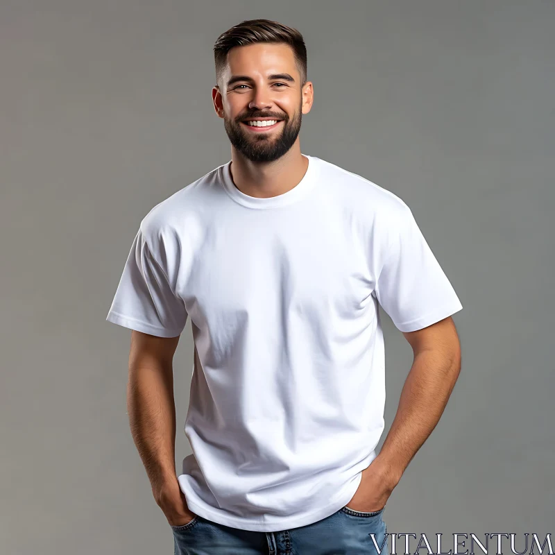 Smiling Bearded Man in Casual Attire AI Image