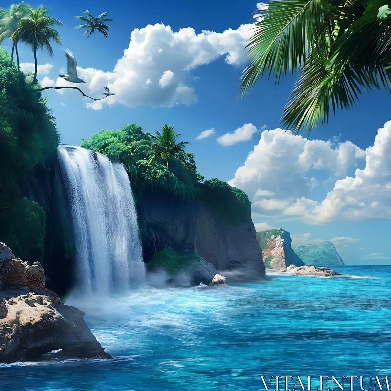 Tropical Waterfall Island AI Image