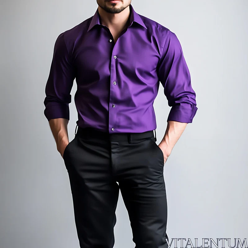 Elegant Casual Style: Purple Shirt and Black Pants AI Image