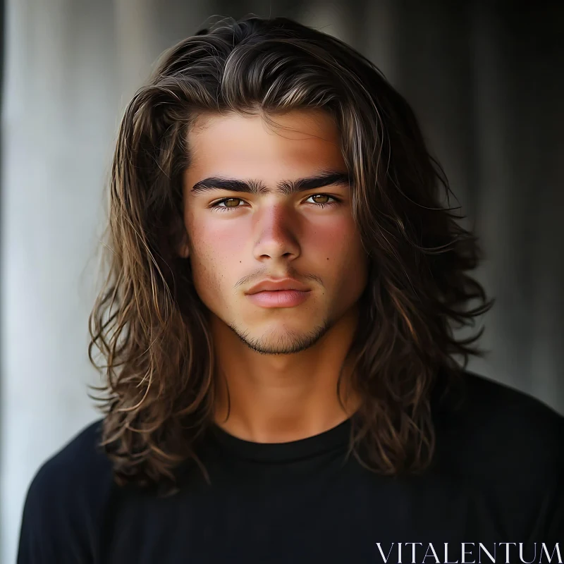 Young Long-Haired Man in Intense Portrait AI Image