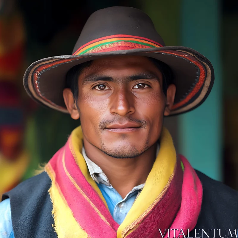 Man Wearing Traditional Attire with Hat and Scarf AI Image