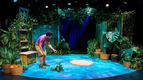 Man on Forest-Themed Theatre Stage