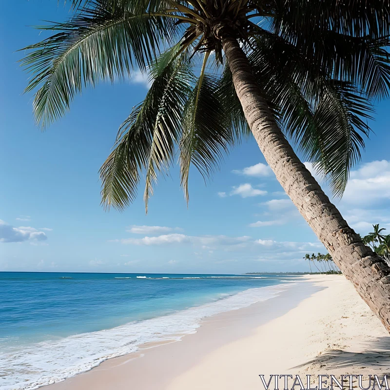 Tranquil Beach with Turquoise Waters and Palm Tree AI Image