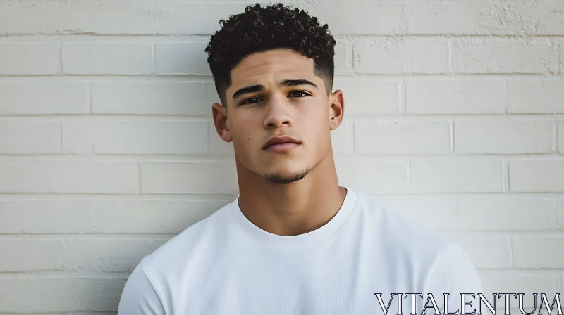 Young Man with Curly Hair in White T-Shirt AI Image