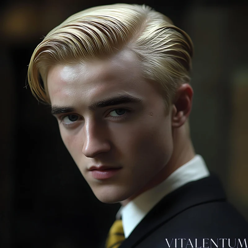 Blonde Man in Black Suit with Piercing Blue Eyes AI Image