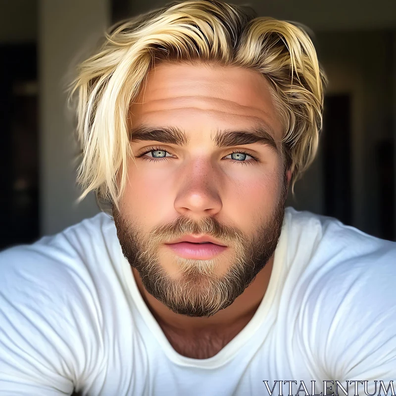 AI ART Bearded Blond Man with Striking Blue Eyes