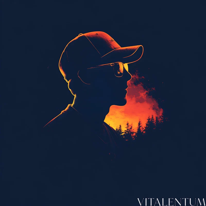 Person in Hat Silhouette with Fiery Forest AI Image