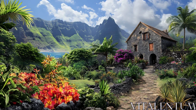 Charming Stone Cottage Amidst Tropical Landscape AI Image